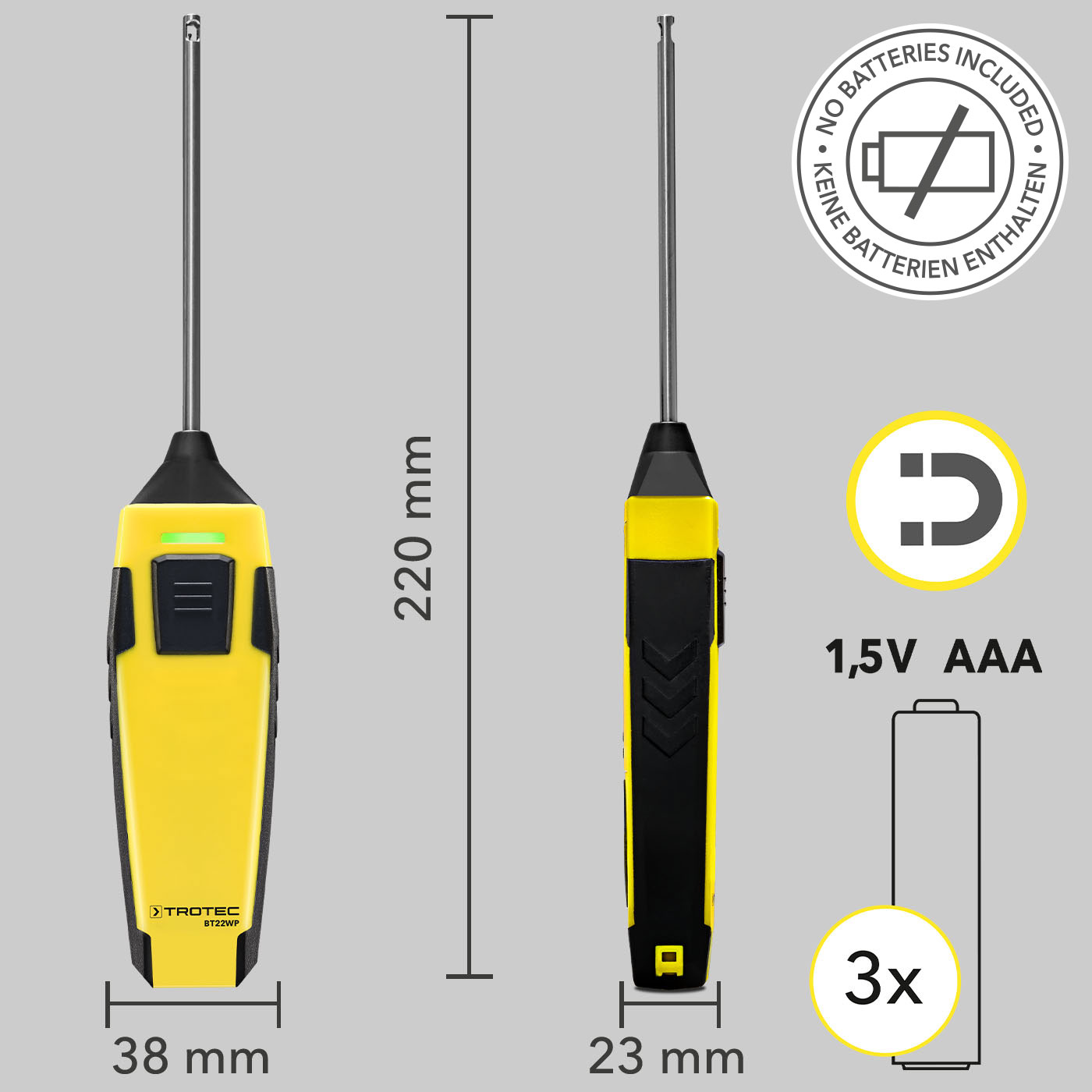 BT22WP : dimensions, pile(s) et support magnétique