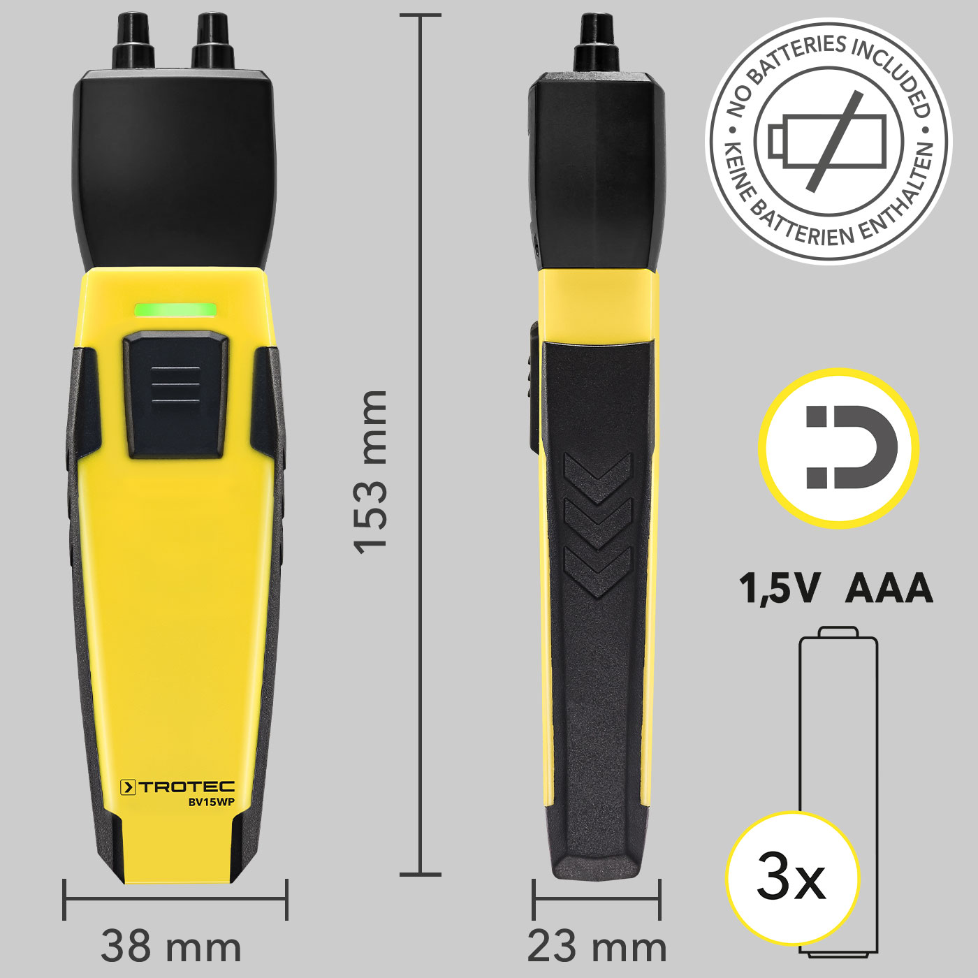 BV15WP : dimensions, pile(s) et support magnétique