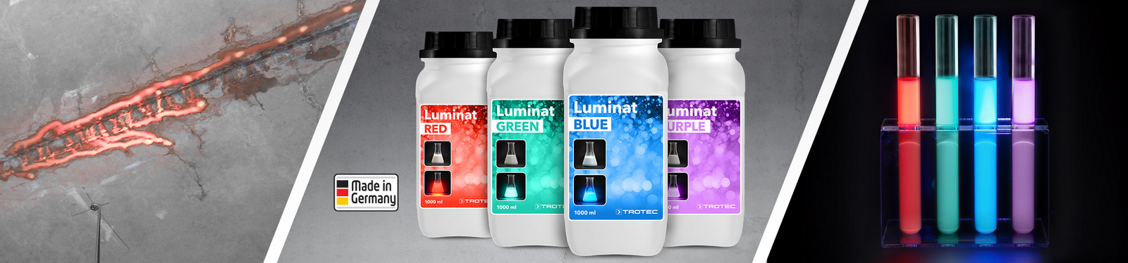 Coloranti lumiscenti della serie Trotec Luminat per l'attivazione della fluorescenza UV nel rilevamento delle perdite