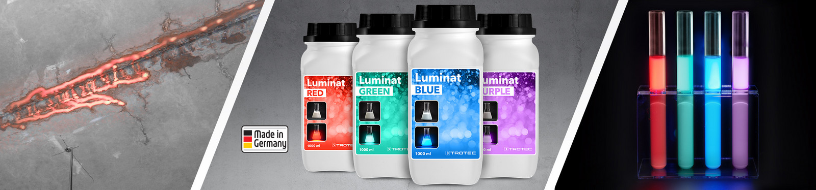 Colorants fluorescents de la série Luminat de Trotec avec excitation de la fluorescence par UV lors de la détection de fuites Colorants fluorescents de la série Luminat de Trotec avec excitation de la fluorescence par UV lors de la détection de fuites