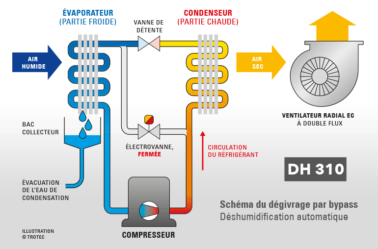 Dégivrage à gaz chaud avec inversion de cycle automatiquement auto-régulée.