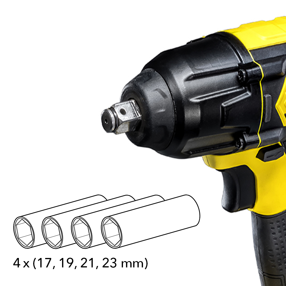 L'avvitatore a massa battente a batteria dispone di un portautensile di forma quadrata da 1/2". Oltre ai 4 attacchi forniti in dotazione (17/19/21/23 mm) si possono applicare molti altri comuni inserti e adattatori.