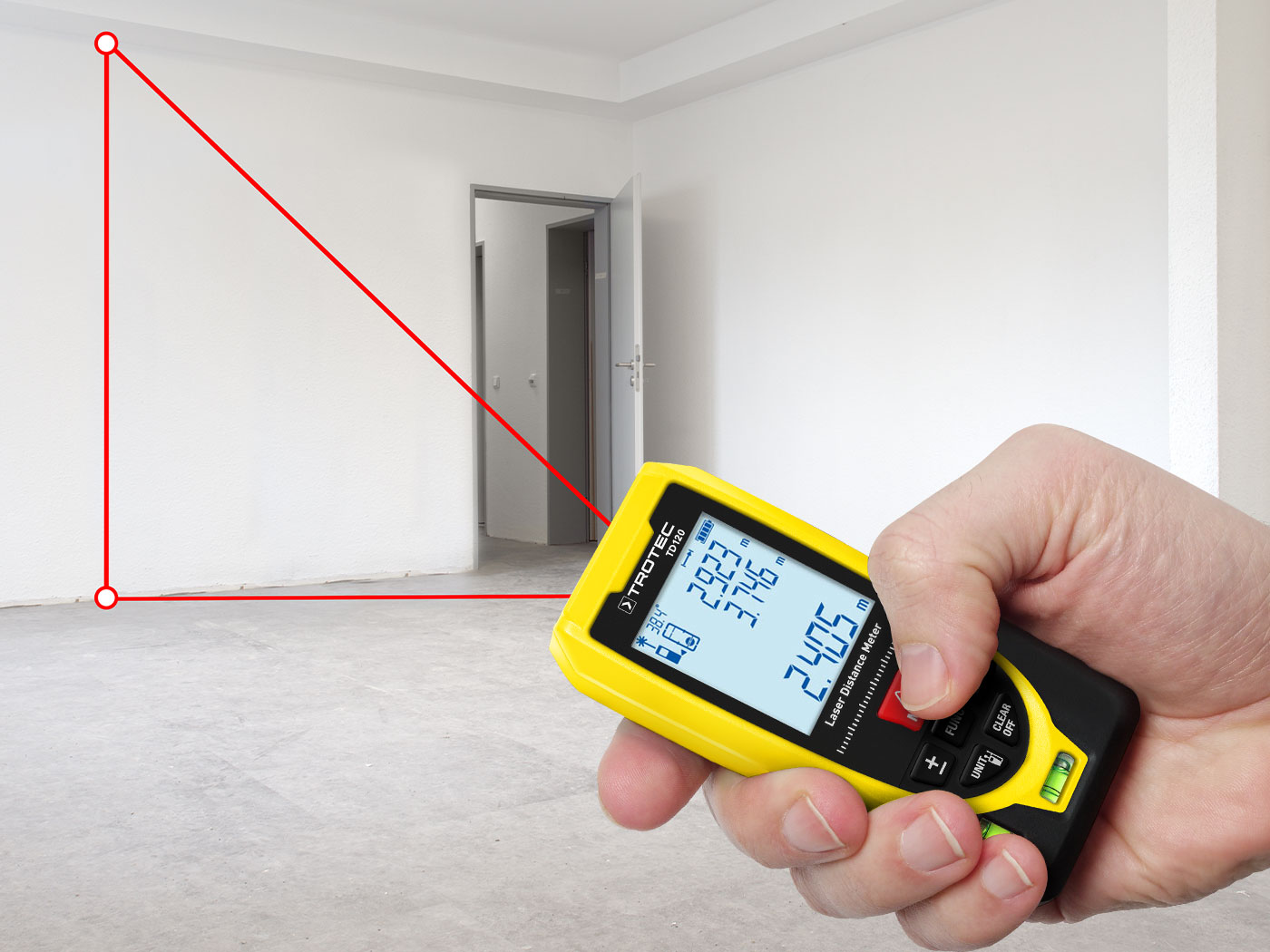 Qu’il s’agisse du calcul automatique d’une hauteur de mur ou d’une surface de sol, les nombreuses fonctions intégrées du TD120 permettent pratiquement toutes les mesures avec un seul appareil