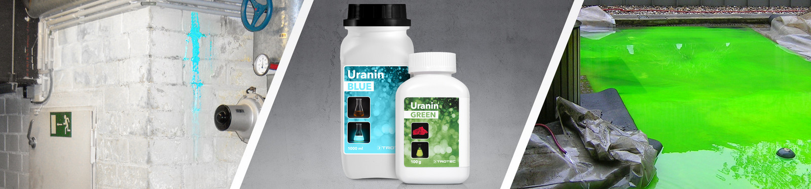 Uranin Blue e Uranin Green – colorante fluorescente a intensa luminescenza per la localizzazione delle perdite e per la tracciatura dei percorsi di scorrimento Uranin Blue e Uranin Green – colorante fluorescente a intensa luminescenza per la localizzazione delle perdite e per la tracciatura dei percorsi di scorrimento